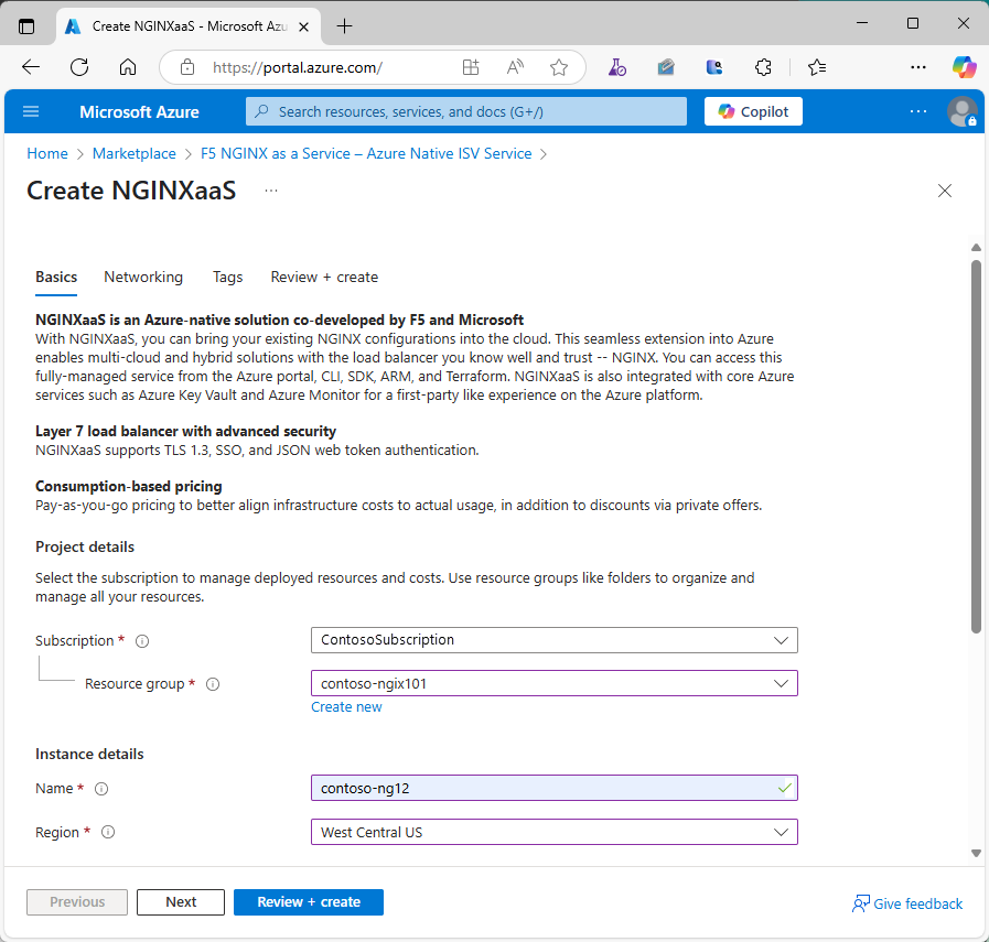 NGINXaaS 作成エクスペリエンスの [基本] ペインのスクリーンショット。