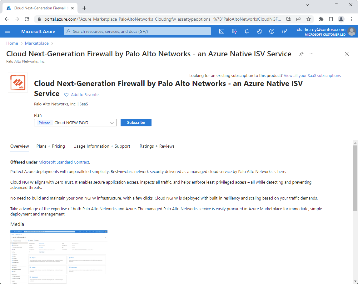 Azure Marketplaceの Palo Alto Networks による Cloud NGFW のスクリーンショット。