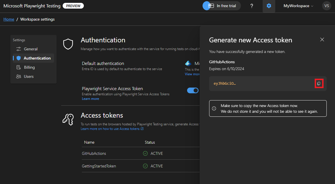 Playwright Testing ポータルで生成されたアクセス トークンをコピーする方法を示すスクリーンショット。