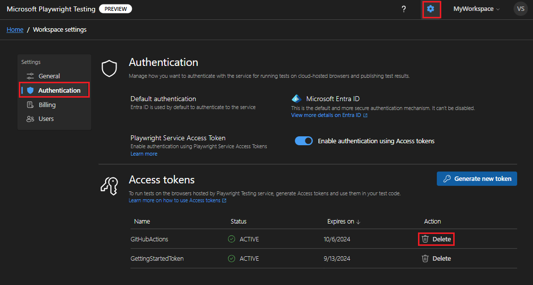 Playwright ポータルでアクセス トークンを削除する方法を示すスクリーンショット。