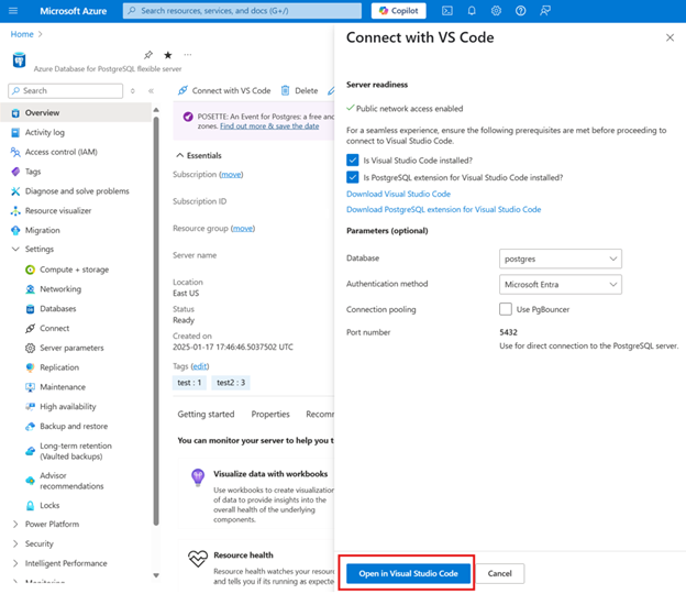 [VS Code で接続] パネルが表示された Azure Database for PostgreSQL インスタンスを示す Azure portal のスクリーンショット。Visual Studio Code で開くボタンが強調表示されています。