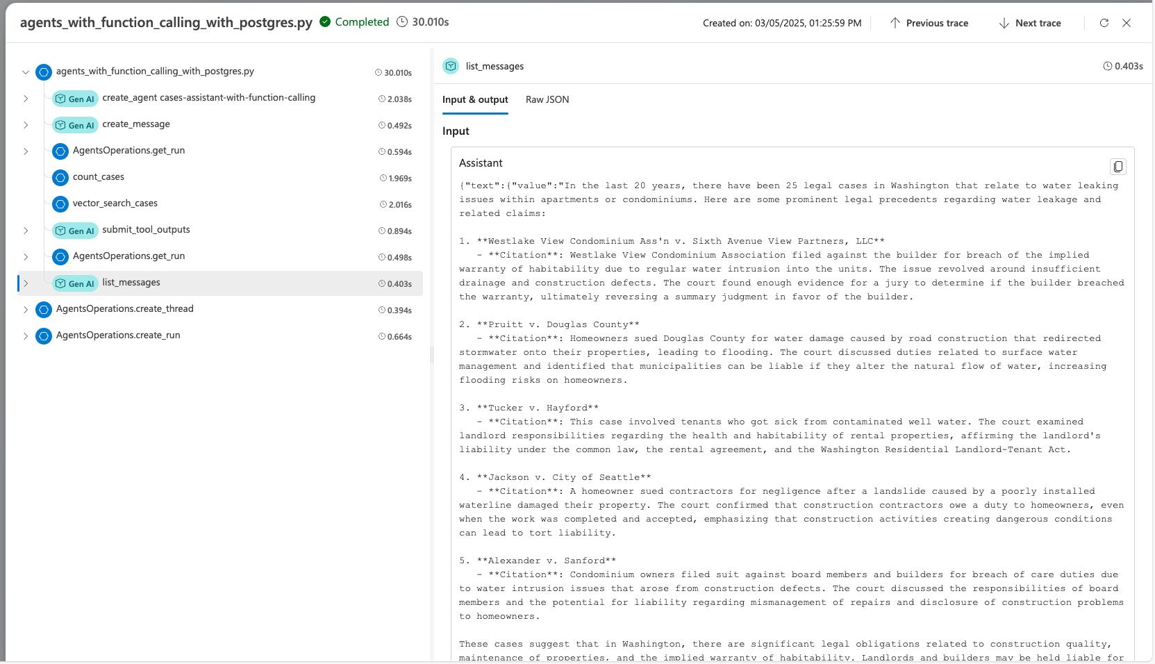 AI Foundry でのトレースの結果を示すスクリーンショット。