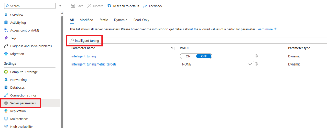 サーバー パラメーターのペインと「インテリジェント チューニング」の検索のスクリーンショット。
