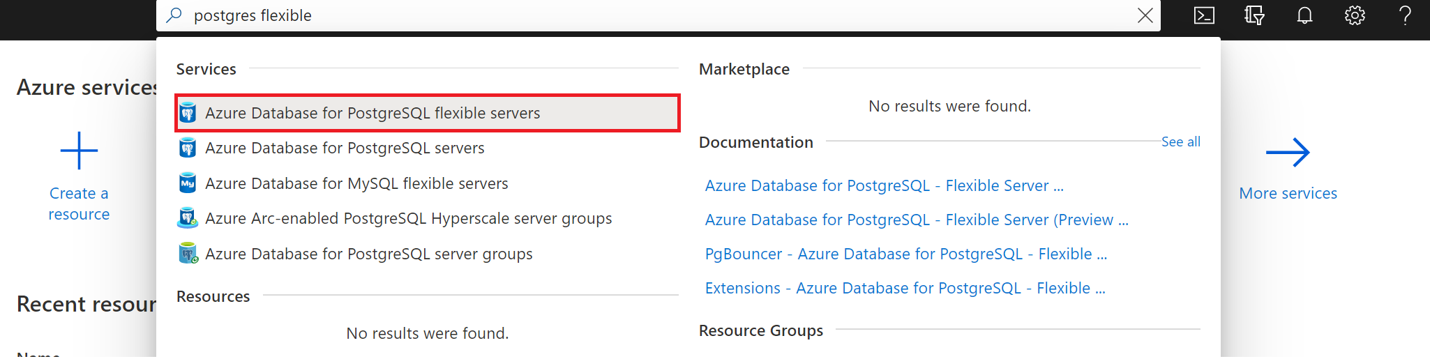 [Azure Database for PostgreSQL サーバー] の検索を示すスクリーンショット。
