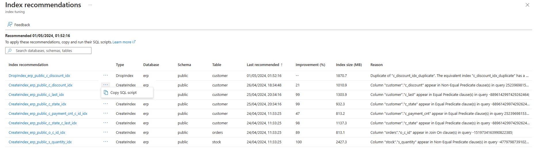 [インデックスのレコメンデーション] ページから SQL ステートメントをコピーする方法を示すスクリーンショット。