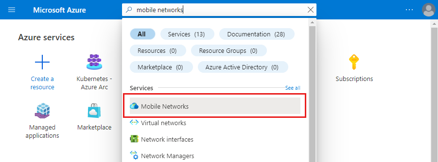 モバイル ネットワーク サービスの検索を示す Azure portal のスクリーンショット。