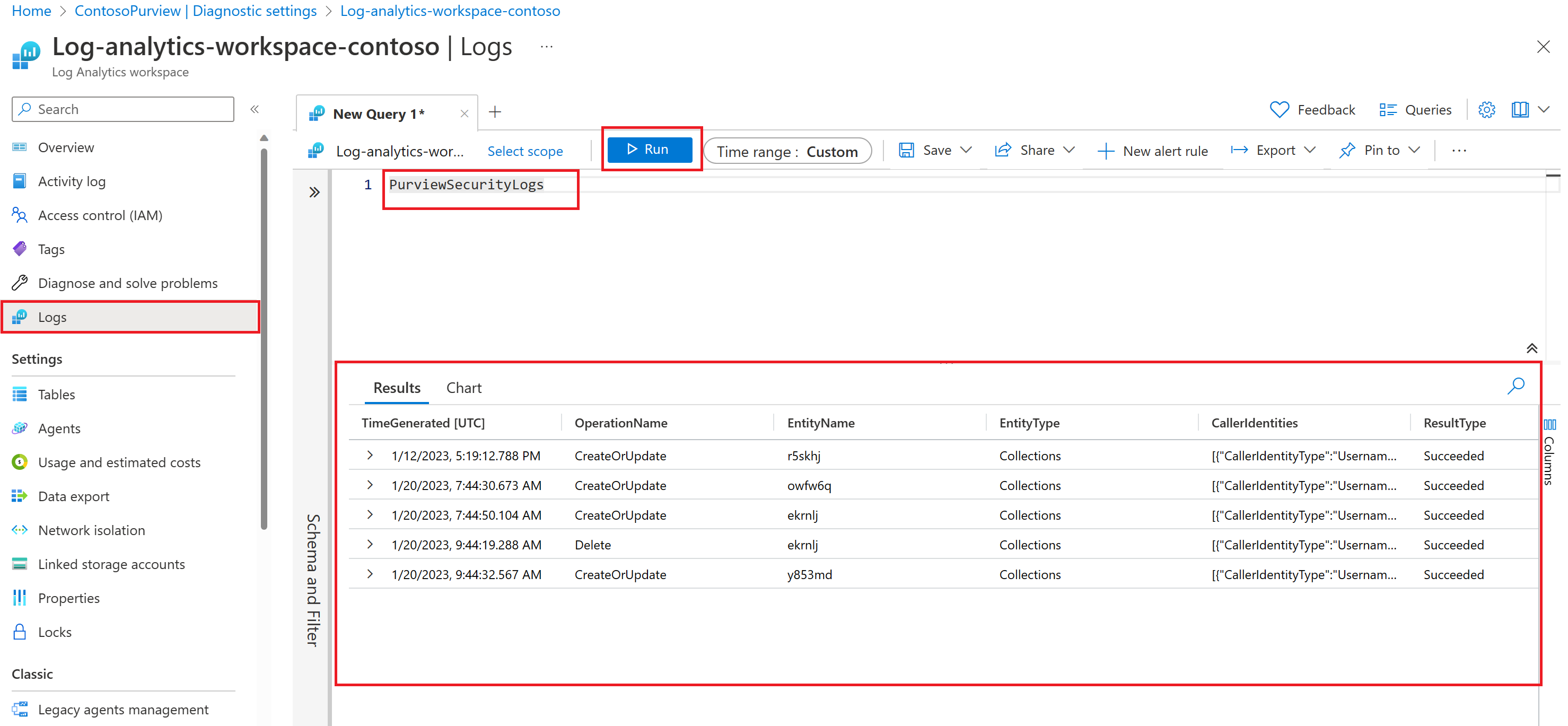 クエリの実行後に Log Analytics ワークスペースのログ結果を示すスクリーンショット。