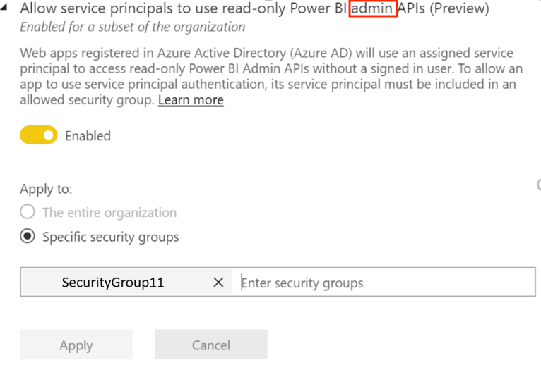 サービス プリンシパルが読み取り専用の Power BI 管理者 API アクセス許可を取得できるようにする方法を示す画像。