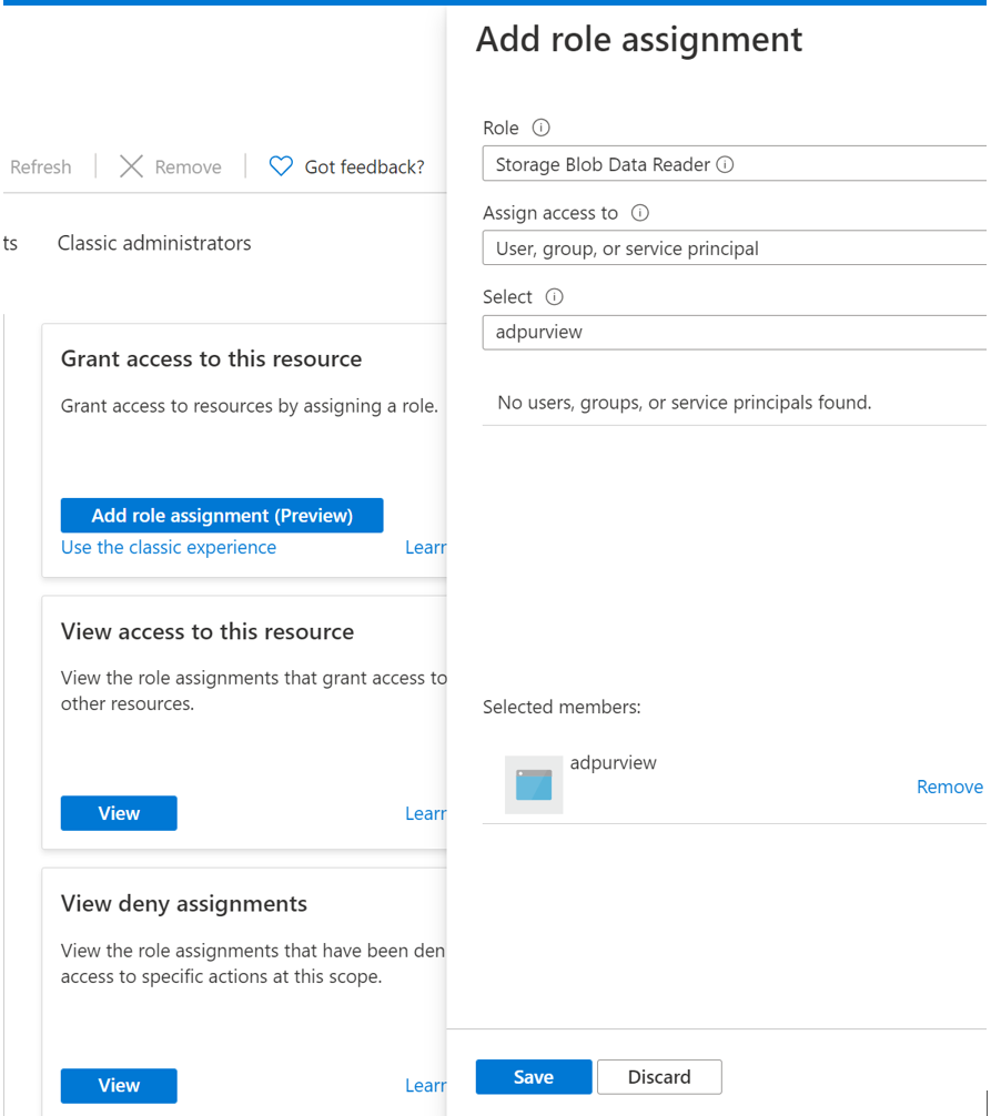 Microsoft Purview アカウントのアクセス許可を割り当てる詳細を示すスクリーンショット