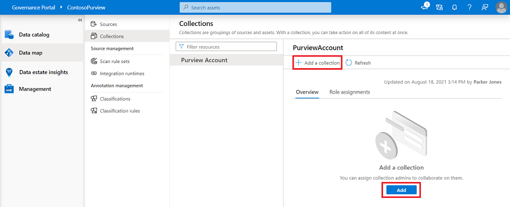 [コレクションの追加] ボタンが強調表示されている新しいコレクション ウィンドウを示す Microsoft Purview ガバナンス ポータル ウィンドウのスクリーンショット。