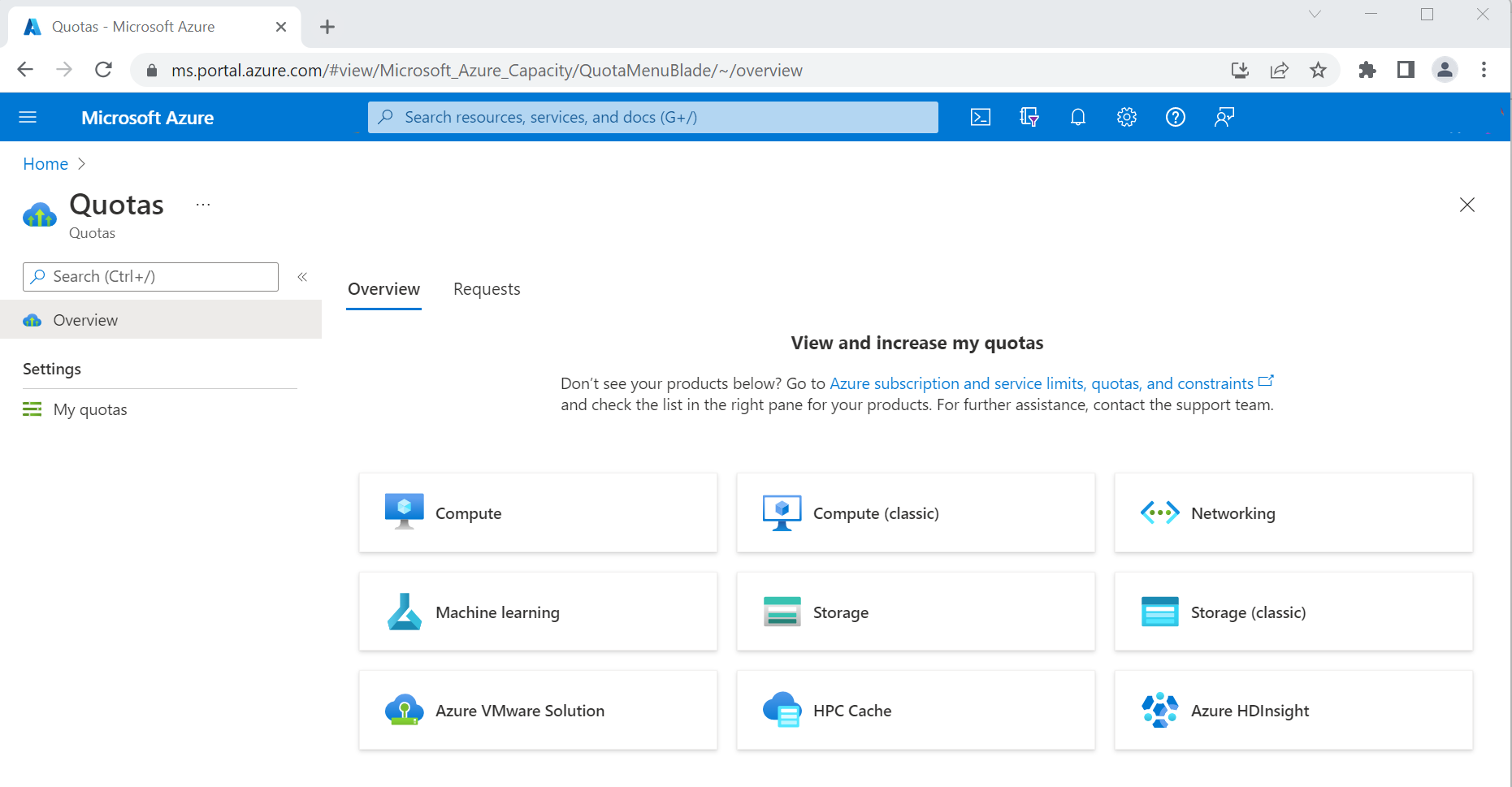 Screenshot of the Quotas service page in the Azure portal.