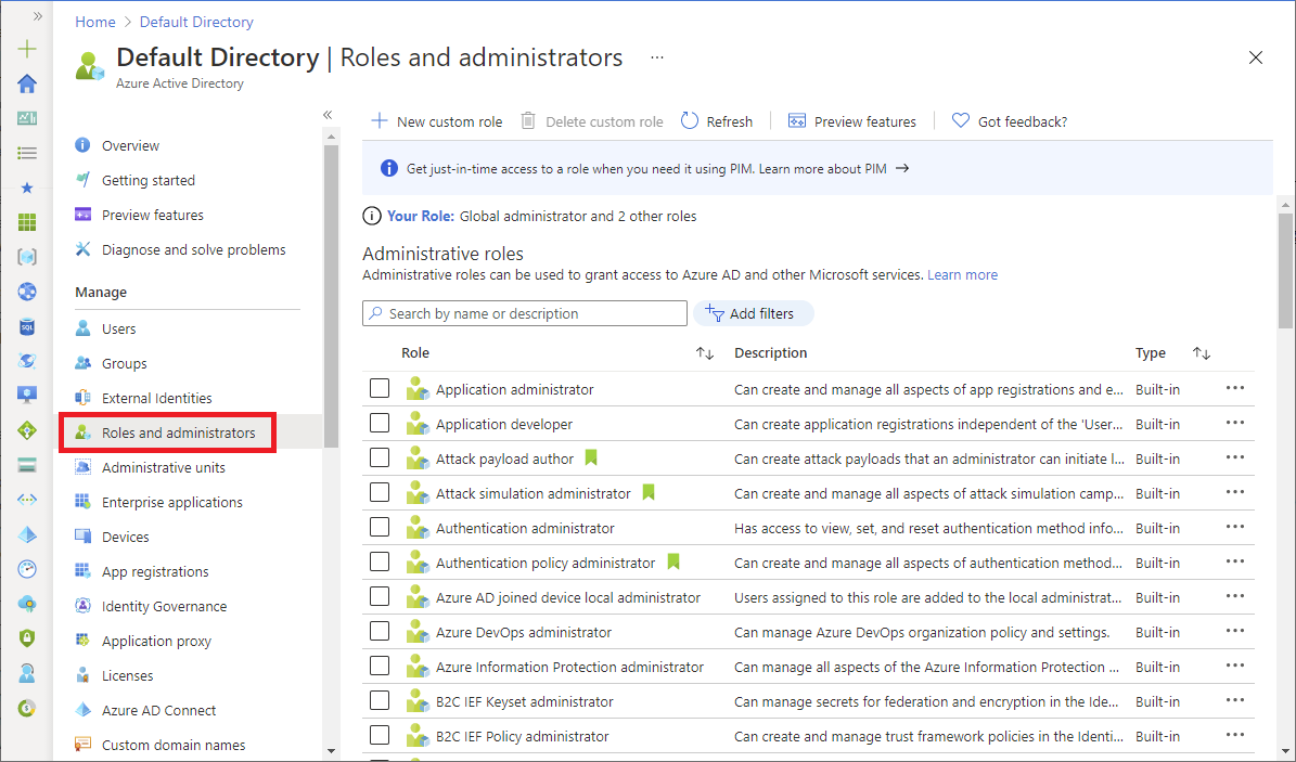 Screenshot of Microsoft Entra roles in the Azure portal.