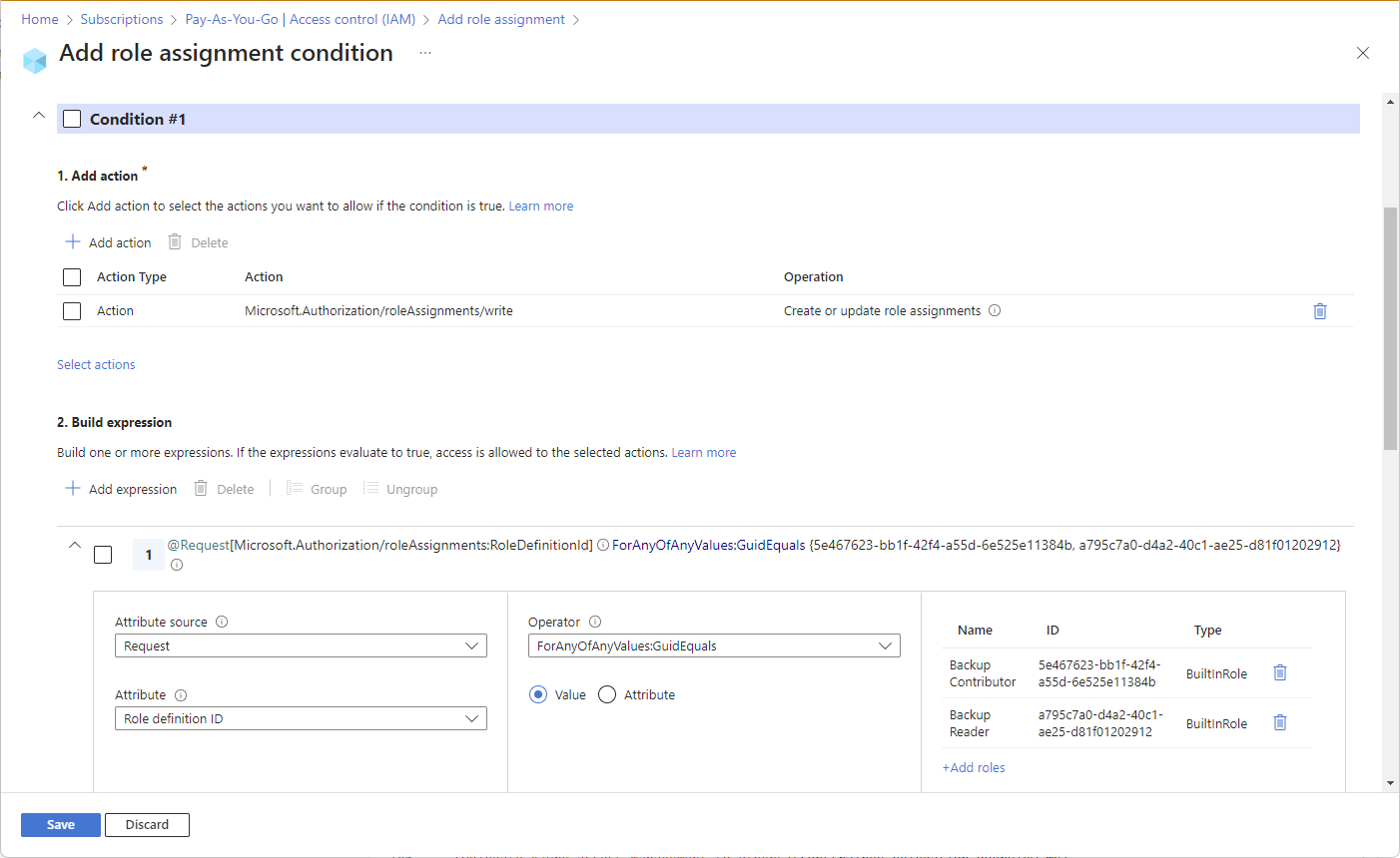 Screenshot of Build expression section to delegate role assignment management with conditions.