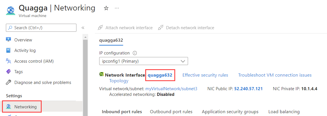 Quagga VM の [ネットワーク] ページのスクリーンショット。