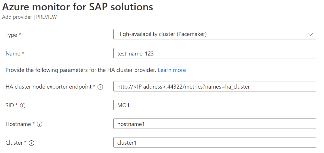 RHEL ベースのクラスターのフィールドを示す、Azure Monitor for SAP ソリューション リソースのセットアップを示す図。