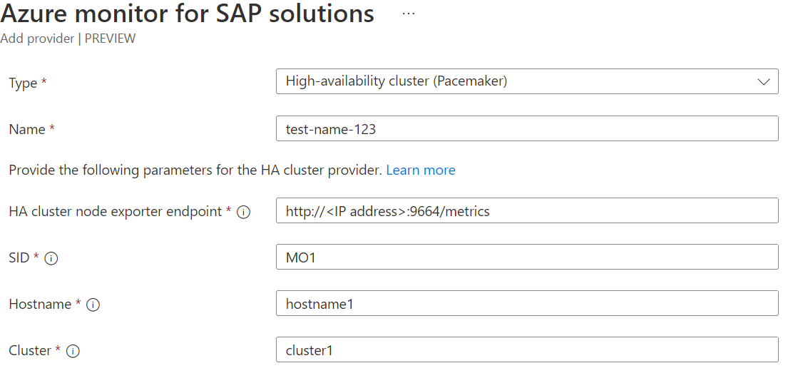 SUSE ベースのクラスターのフィールドを示す、Azure Monitor for SAP ソリューション リソースのセットアップを示す図。