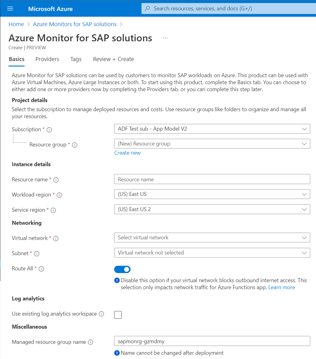 Azure Monitor for SAP solutions インスタンスの基本的な詳細を示すスクリーンショット。