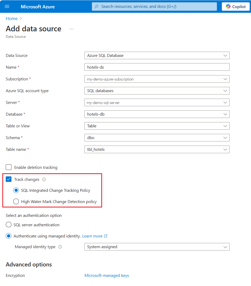 Azure portal のデータ ソース作成ページのスクリーンショット。
