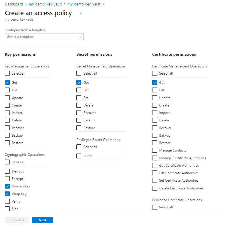 Select permissions in the Permissions page.