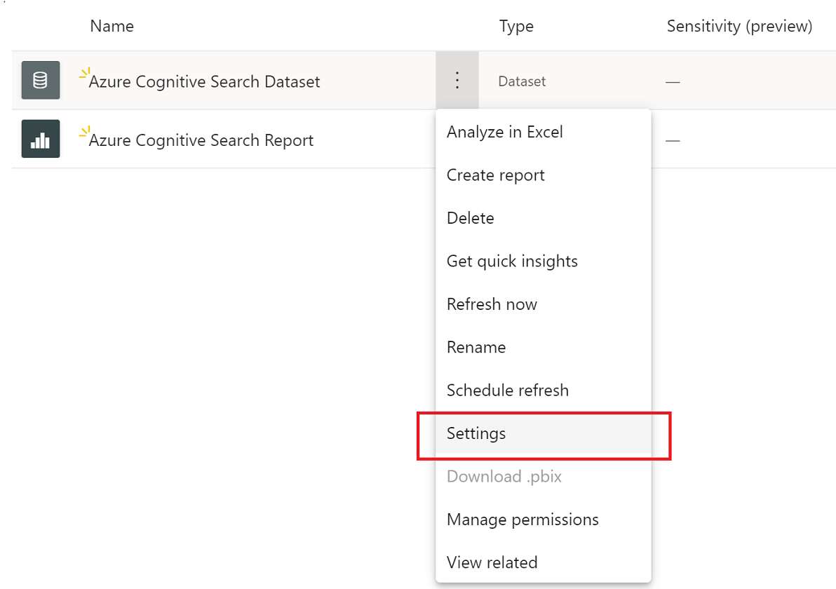 Azure Cognitive Search データセット オプションから [設定] を選択する方法を示すスクリーンショット。