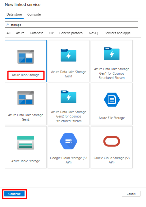 Azure Data Factory で Snowflake のシンクとして使用する新しいリンクされた Blob Storage サービスを選択する方法を示すスクリーンショット。