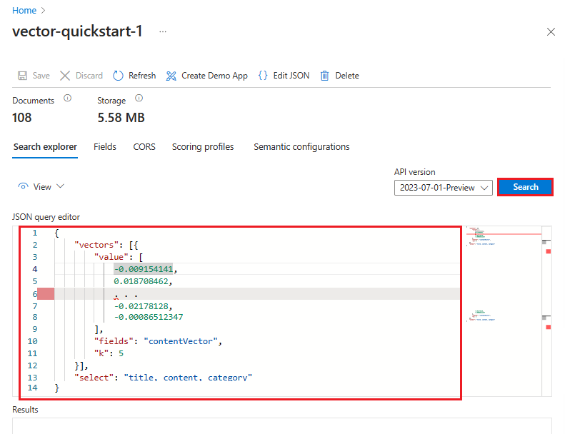 JSON クエリのスクリーンショット。