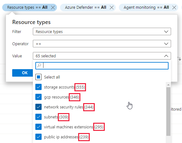 Azure Security Center の [資産インベントリ] ページのフィルターに表示されるカウント。