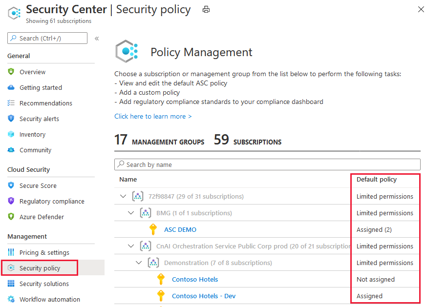既定のポリシー割り当てを示す Azure Security Center の [ポリシー管理] ページ。