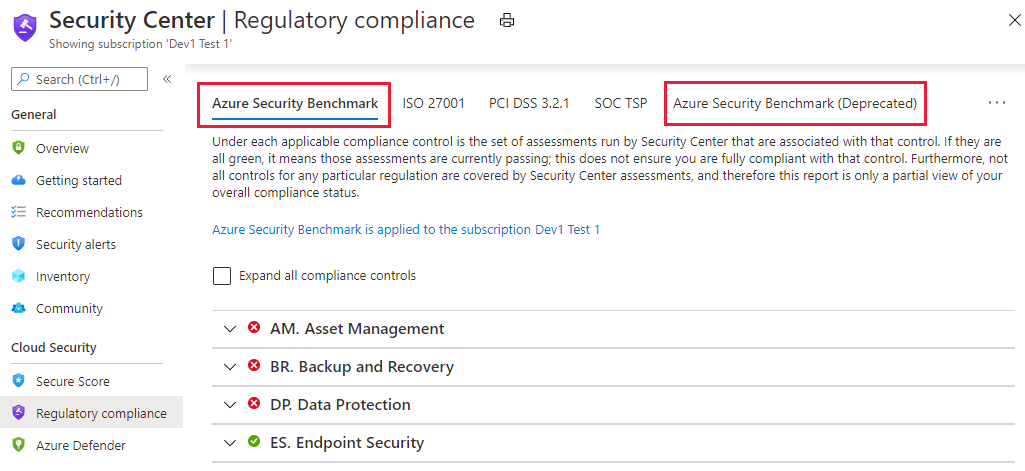Azure セキュリティ ベンチマークが表示されている Azure Security Center の規制コンプライアンス ダッシュボード