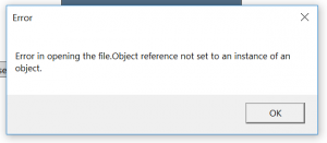 エラーを示しているスクリーンショット:ファイルを開くことができません。オブジェクト参照がオブジェクト インスタンスに設定されていません。