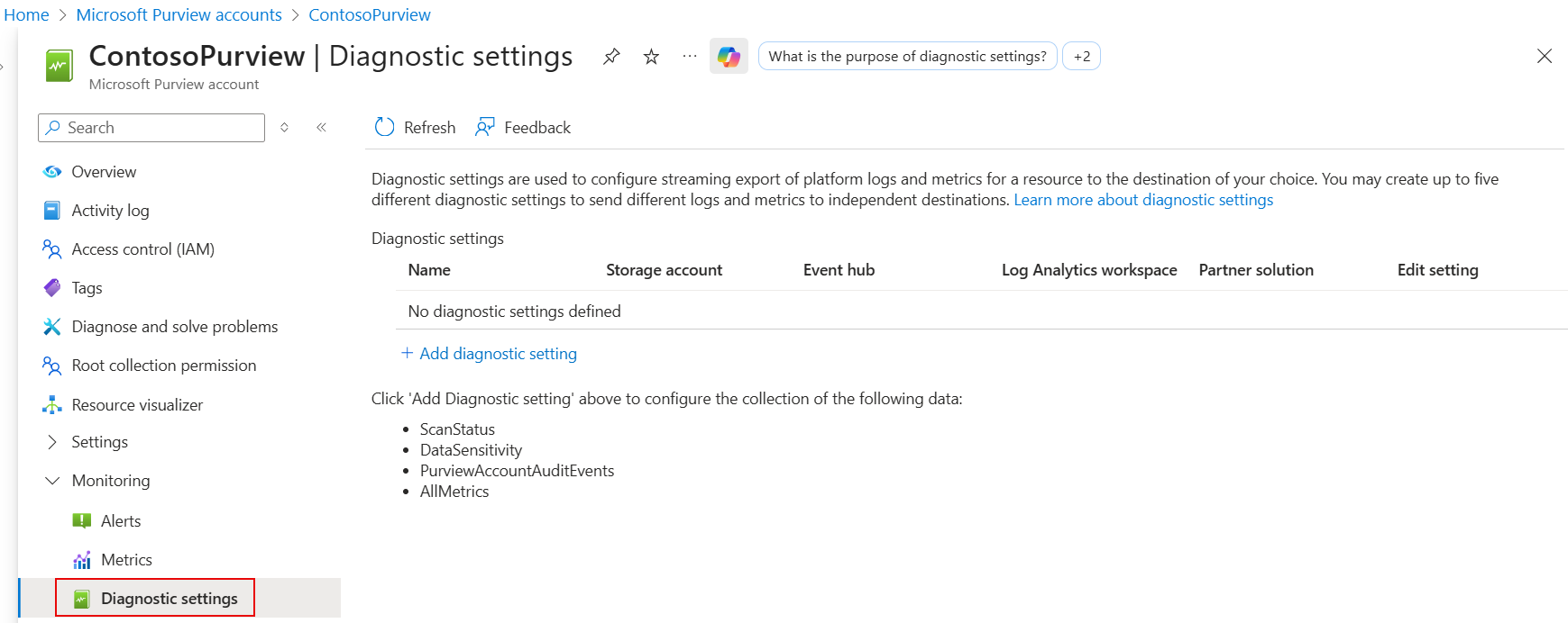 Microsoft Purview アカウントの [診断設定] ページのスクリーンショット。