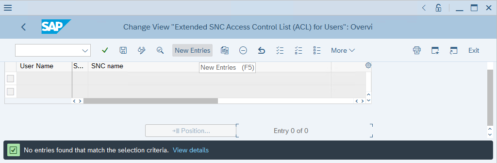 Screenshot that shows how to create a new entry in the USERACLEXT table.