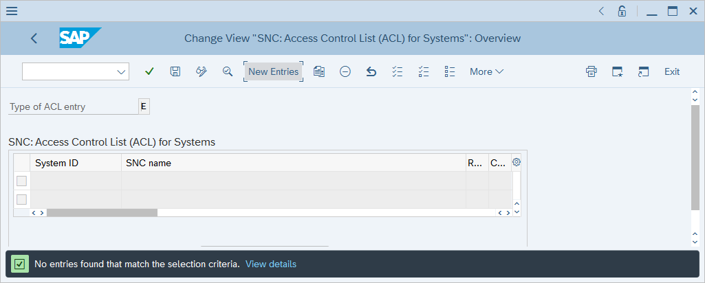 Screenshot that shows how to create a new entry in the VSNCSYSACL table.