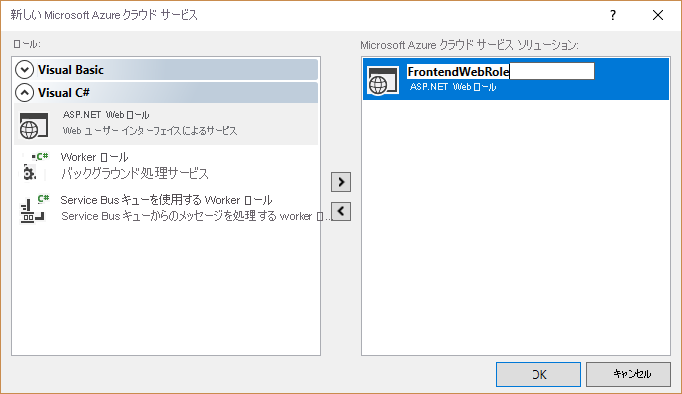 Screenshot of the New Microsoft Azure Cloud Service dialog box with the solution renamed to FrontendWebRole.