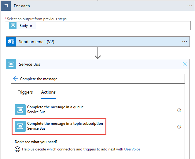 Screenshot that shows the selection of Complete a message in a topic subscription.