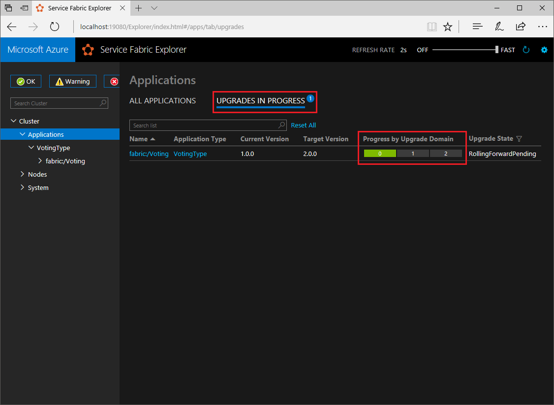 Service Fabric Explorer のアップグレード ビュー
