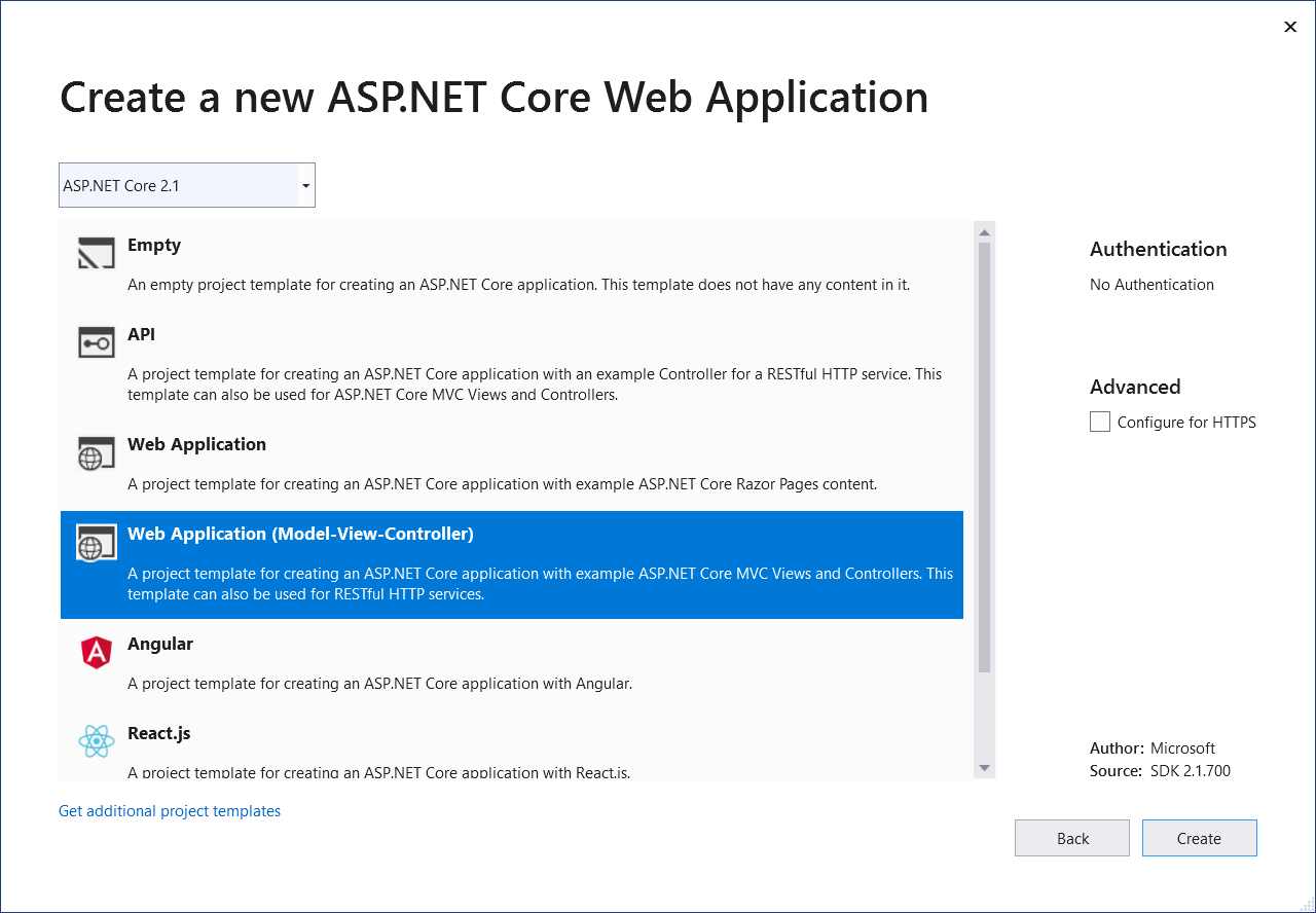 ASP.NET プロジェクトの種類を選択する