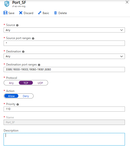インバウンド TCP トラフィックを許可するルールの作成画面のスクリーンショット。