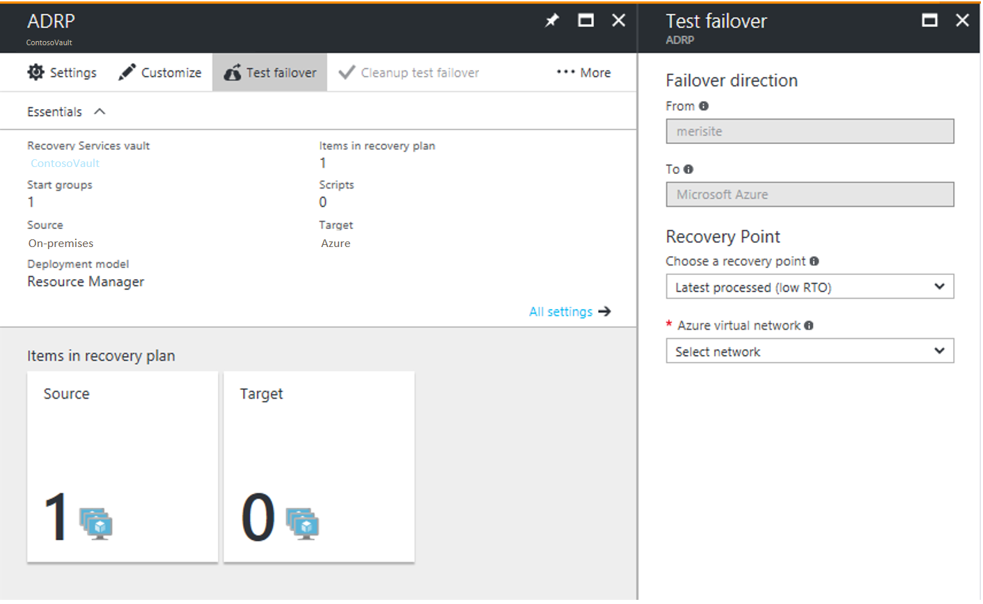 Azure portal の [テスト フェールオーバー] ページのスクリーンショット。