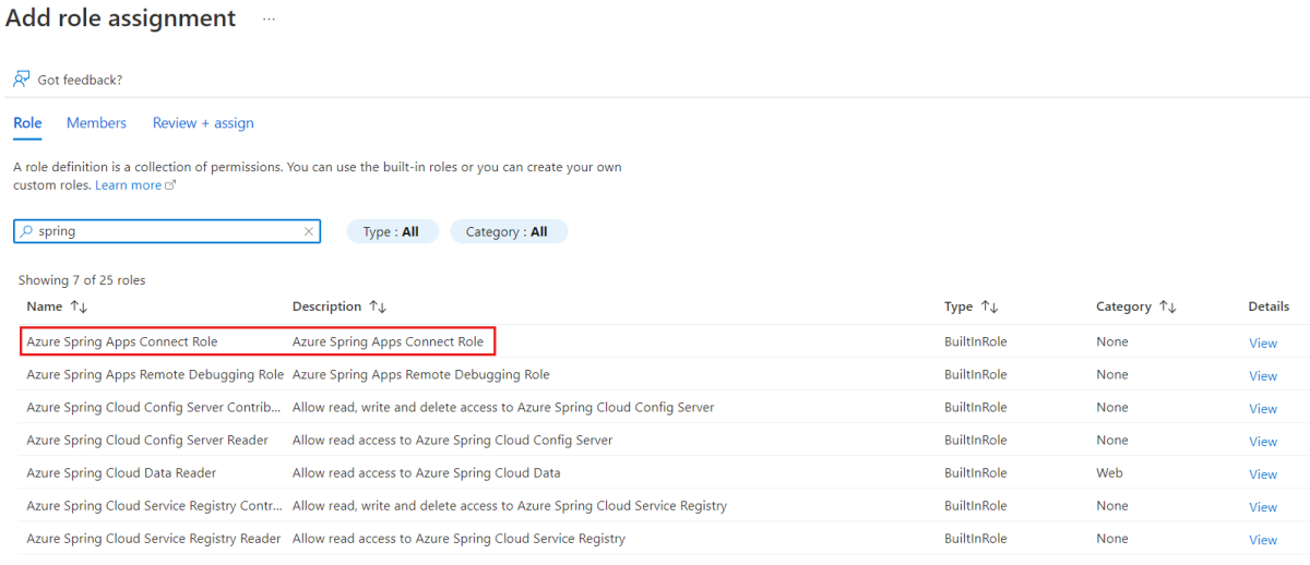 Screenshot of the Add role assignment page showing the Azure Spring Apps Connect Role.