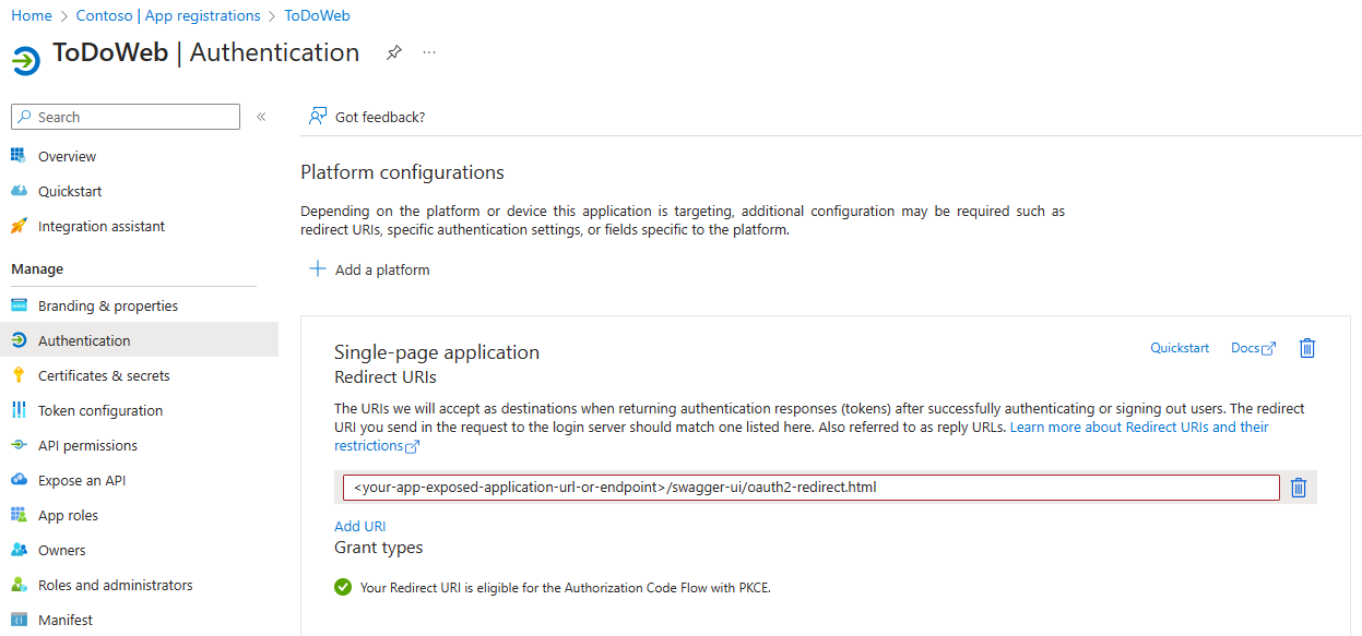 Microsoft Entra ID の [認証] ページを示す Azure portal のスクリーンショット。