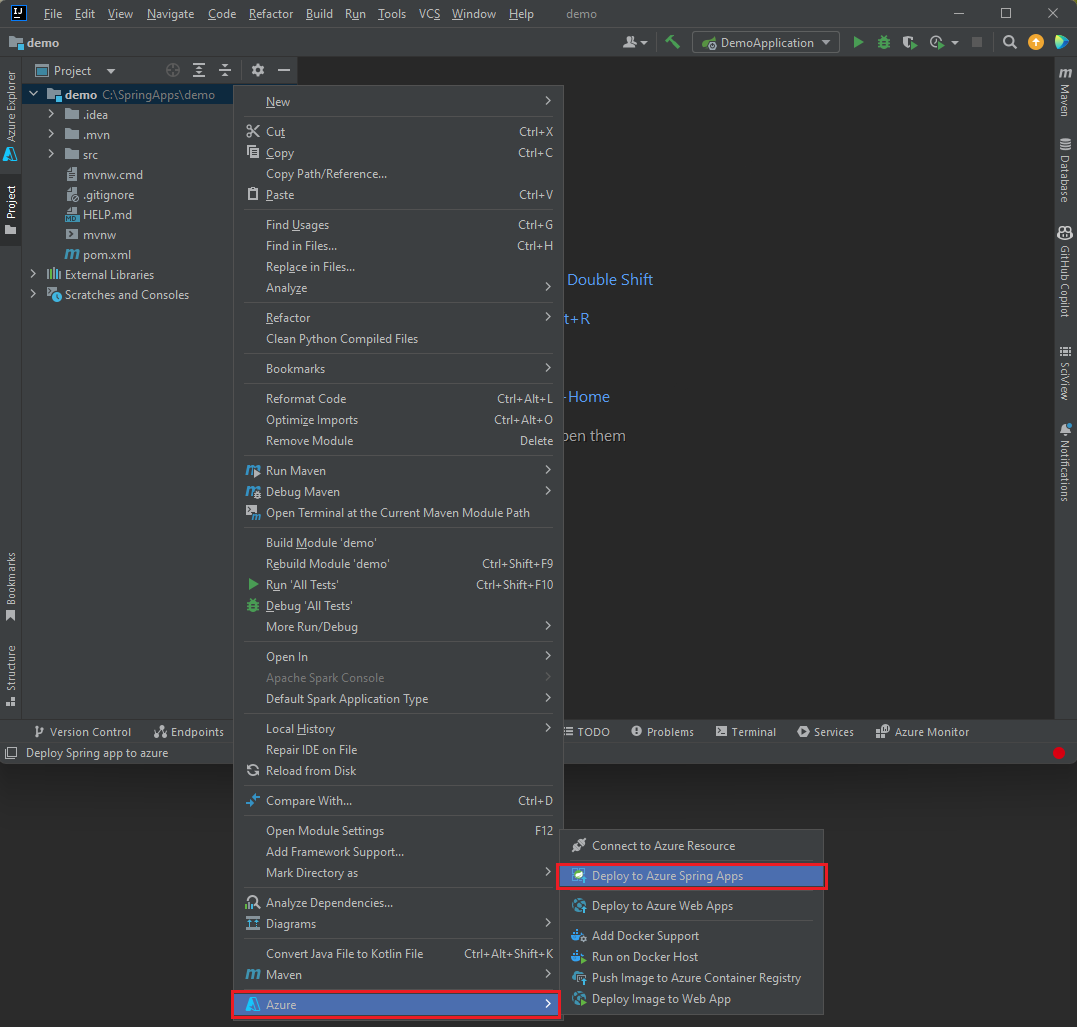 Screenshot of the IntelliJ IDEA menu that shows the Deploy to Azure Spring Apps option.