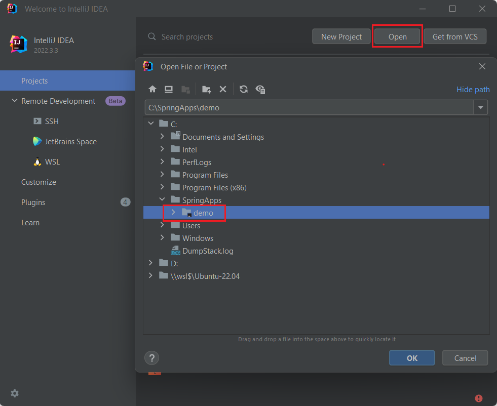 Screenshot of IntelliJ IDEA that shows the Open File or Project dialog box.