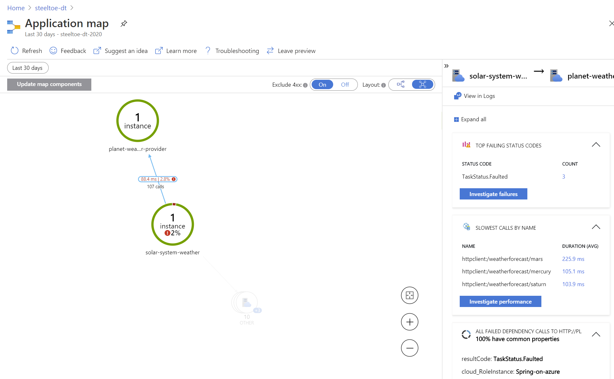 アプリケーション マップの詳細を示す Azure portal のスクリーンショット。
