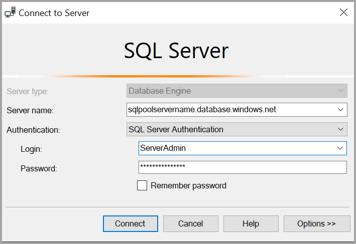 SQL Server Management Studio (SSMS) のスクリーンショット。SQL Server に接続します。