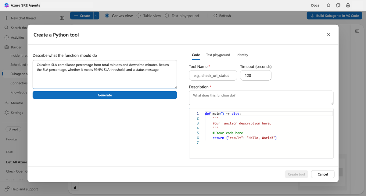 説明が入力された Python ツール ダイアログのスクリーンショット。