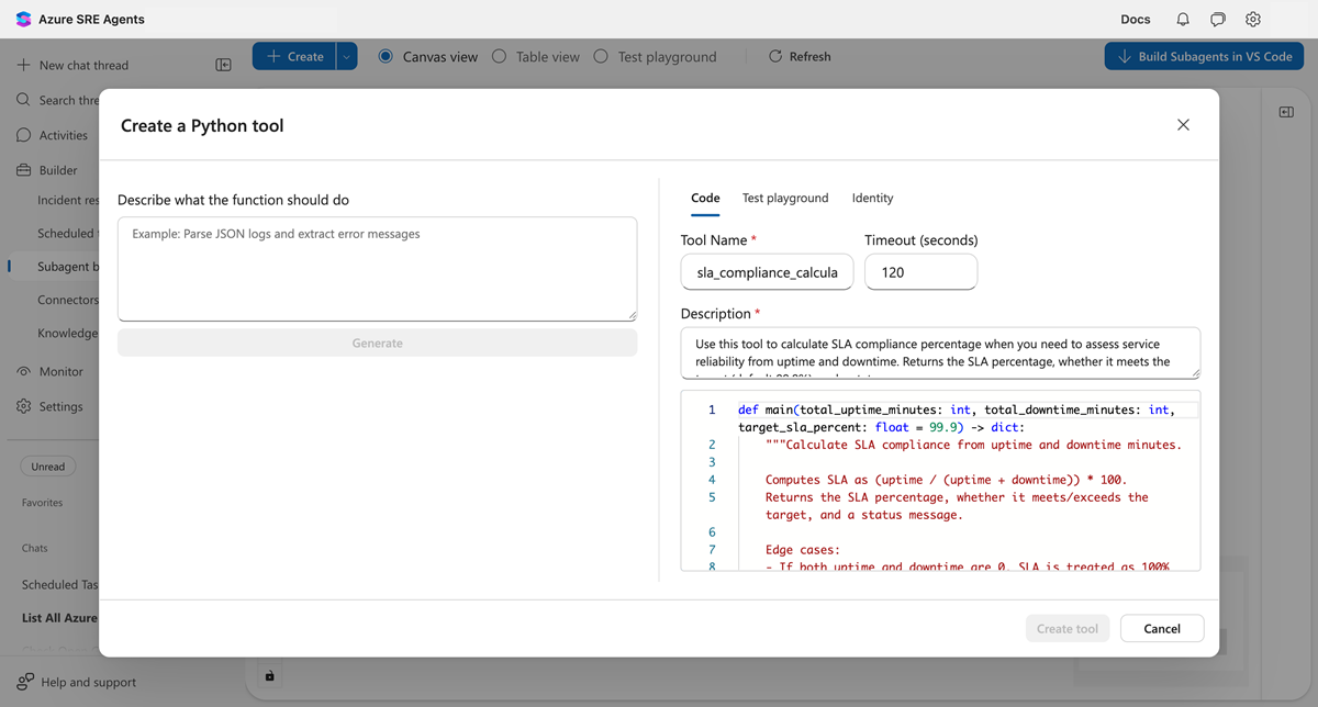 生成された Python 関数を示す [コード] タブのスクリーンショット。