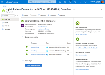 デプロイの詳細が表示された、新しく作成された Multicloud Connector の [概要] ページを示す画面キャプチャ。