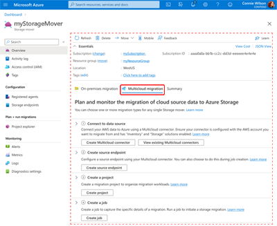 [Multicloud Migration]\(マルチクラウド移行\) タブが選択され、必須フィールドが表示された [Storage Mover Overview]\(ストレージムーバーの概要\) ページを示す画面キャプチャ。