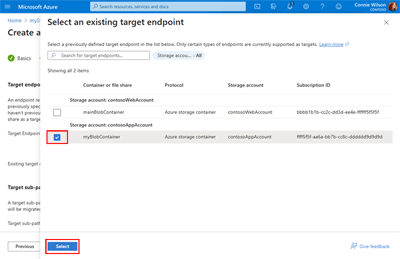 [Select anExisting Target Endpoint]\(ターゲット エンドポイントの選択\) ウィンドウが表示された [移行ジョブの作成] ページを示す画面キャプチャ。